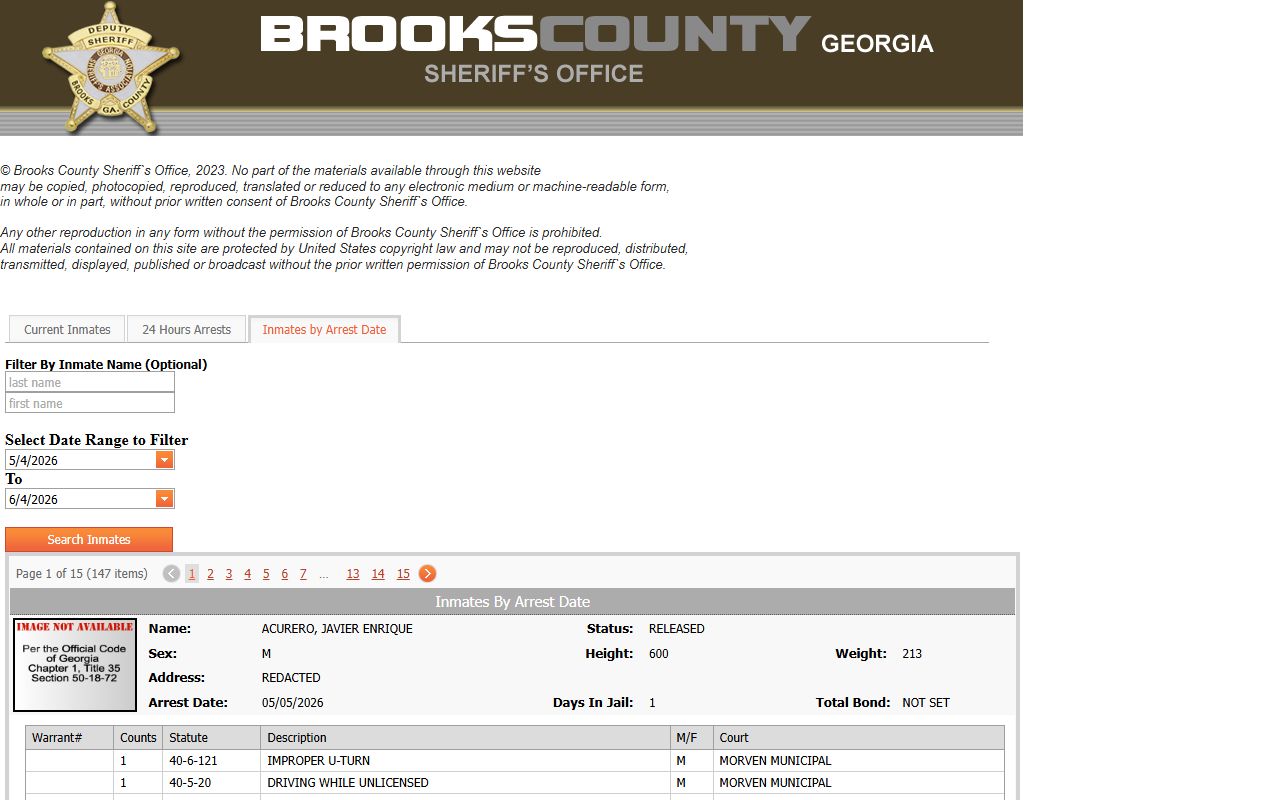 Brooks County inmate records arrest date roster search fields