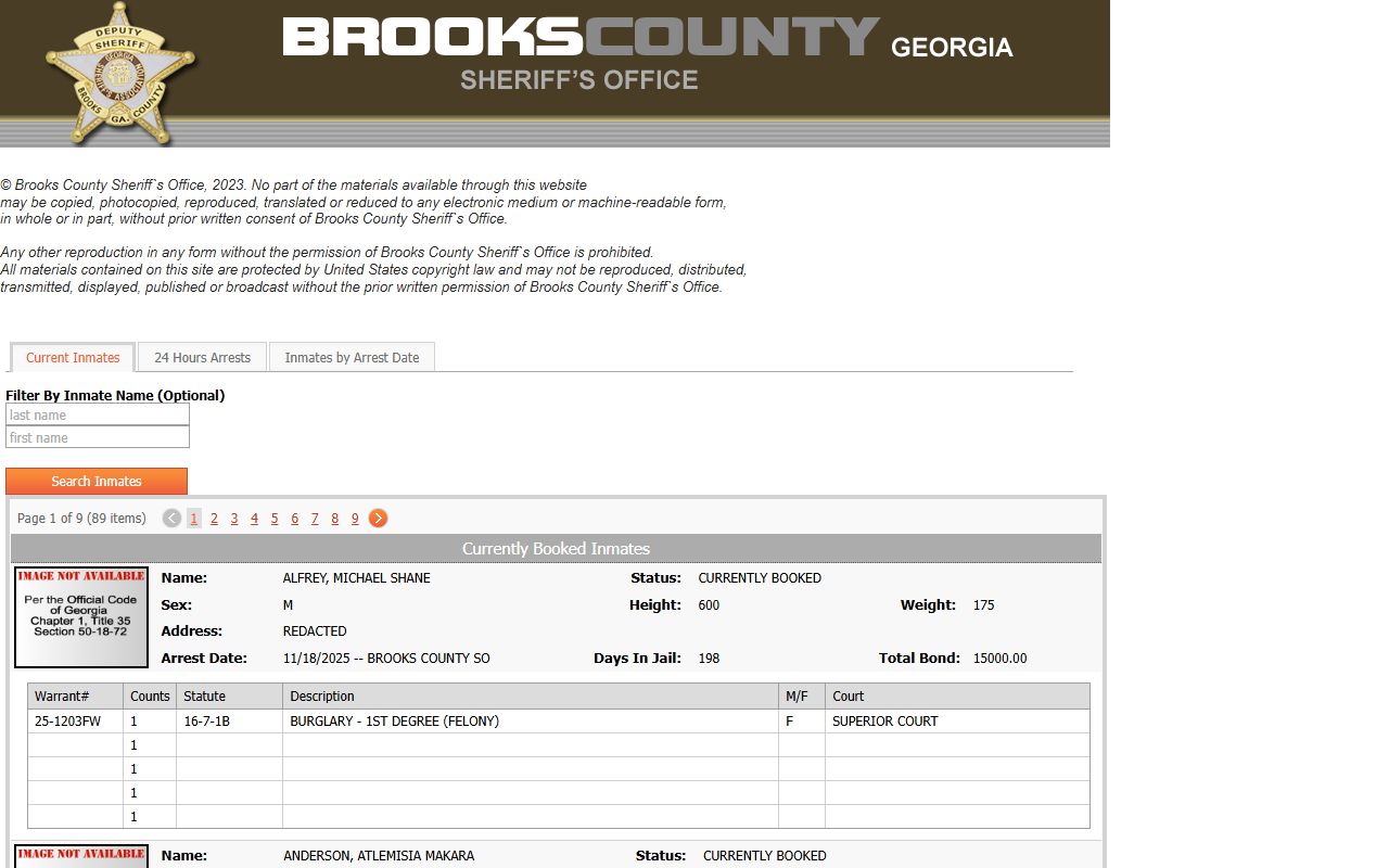 Brooks County inmate population current inmates roster with search fields and booking rows