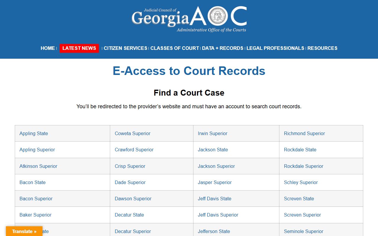 Georgia e-access listing for Brooks County court records